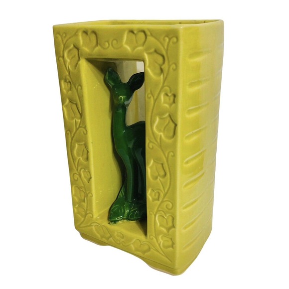 Vintage Shawnee Pottery Double Vase 850 Chartreuse Green Deer Ivy Mid Century - Picture 1 of 11
